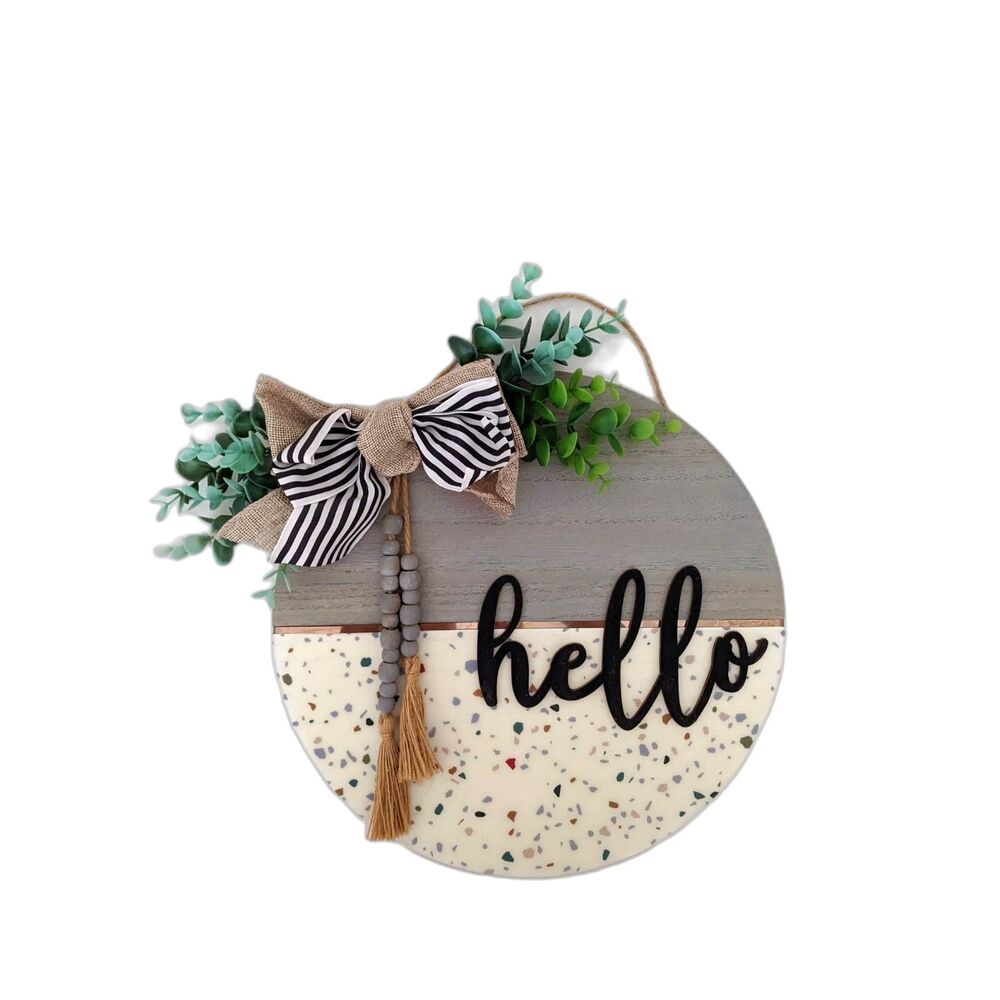 HELLO Front Door Decor Sign with Boho and Farmhouse Accents